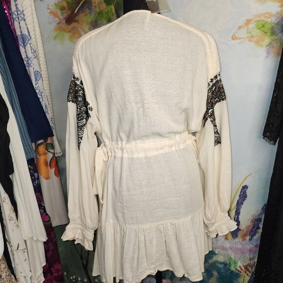 FreePeople Moonshiner Mini Embroidered Beaded Long Sleeve Dress With Tie Waist & - Picture 5 of 9